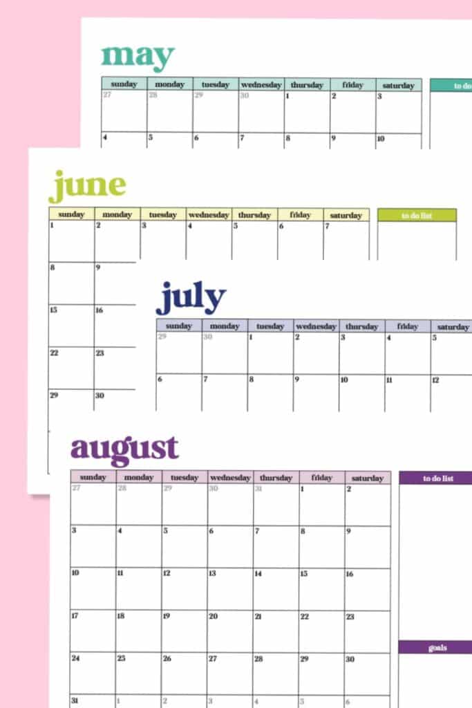 may, june, july, august free printable monthly calendars