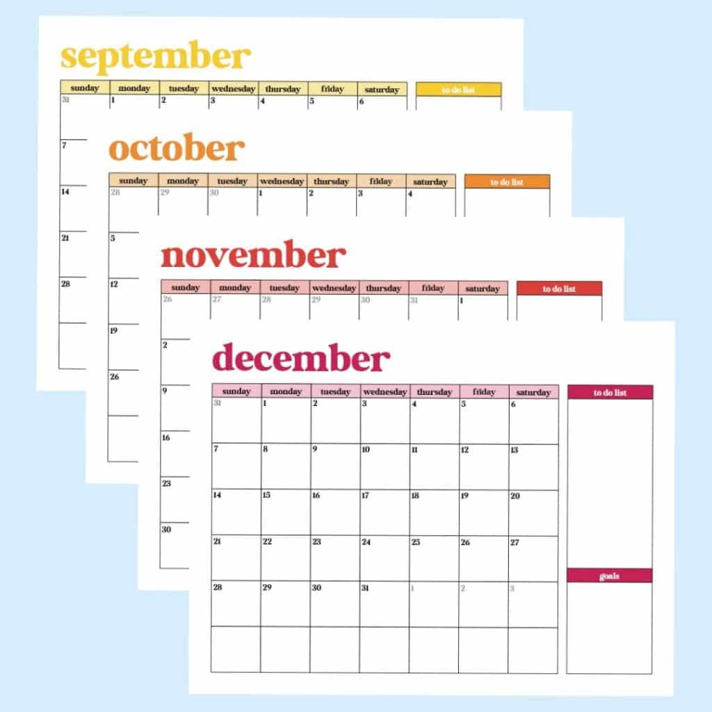 september, october, november, december monthly printable calendar