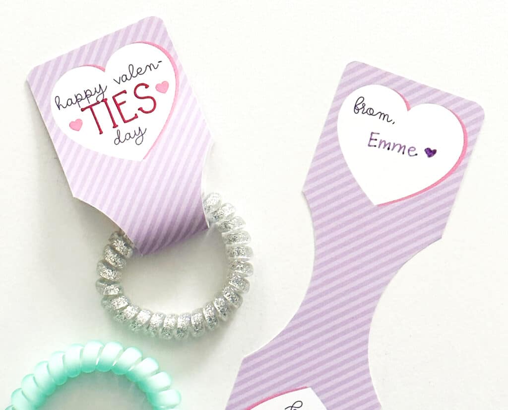 free printable hair tie valentines with front and back shown