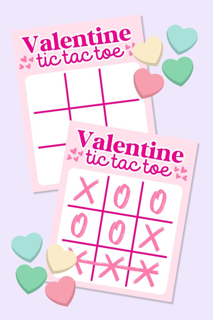 valentine tic tac toe printables with conversation heart candy graphics and completed game card example