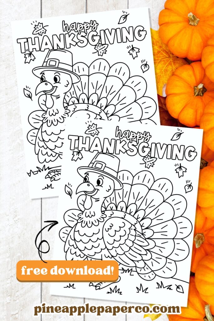happy thanksgiving turkey coloring page free printable on fall pumpkin background