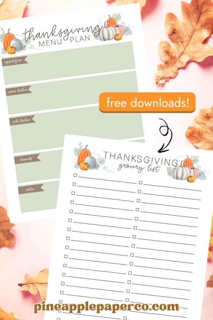 thanksgiving grocery list and thanksgiving meal planner printables with free download button in forefront