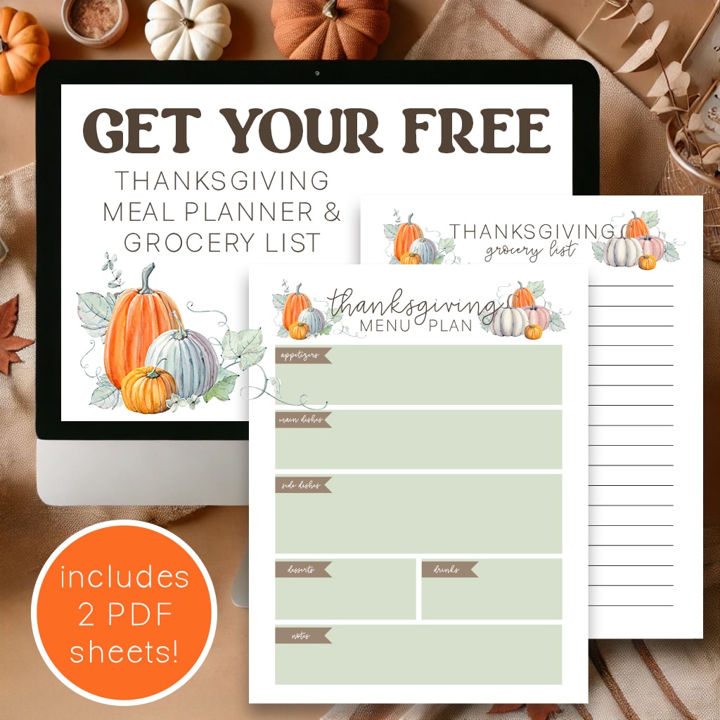 computer mockup with free thanksgiving meal plan and grocery list printables in forefront